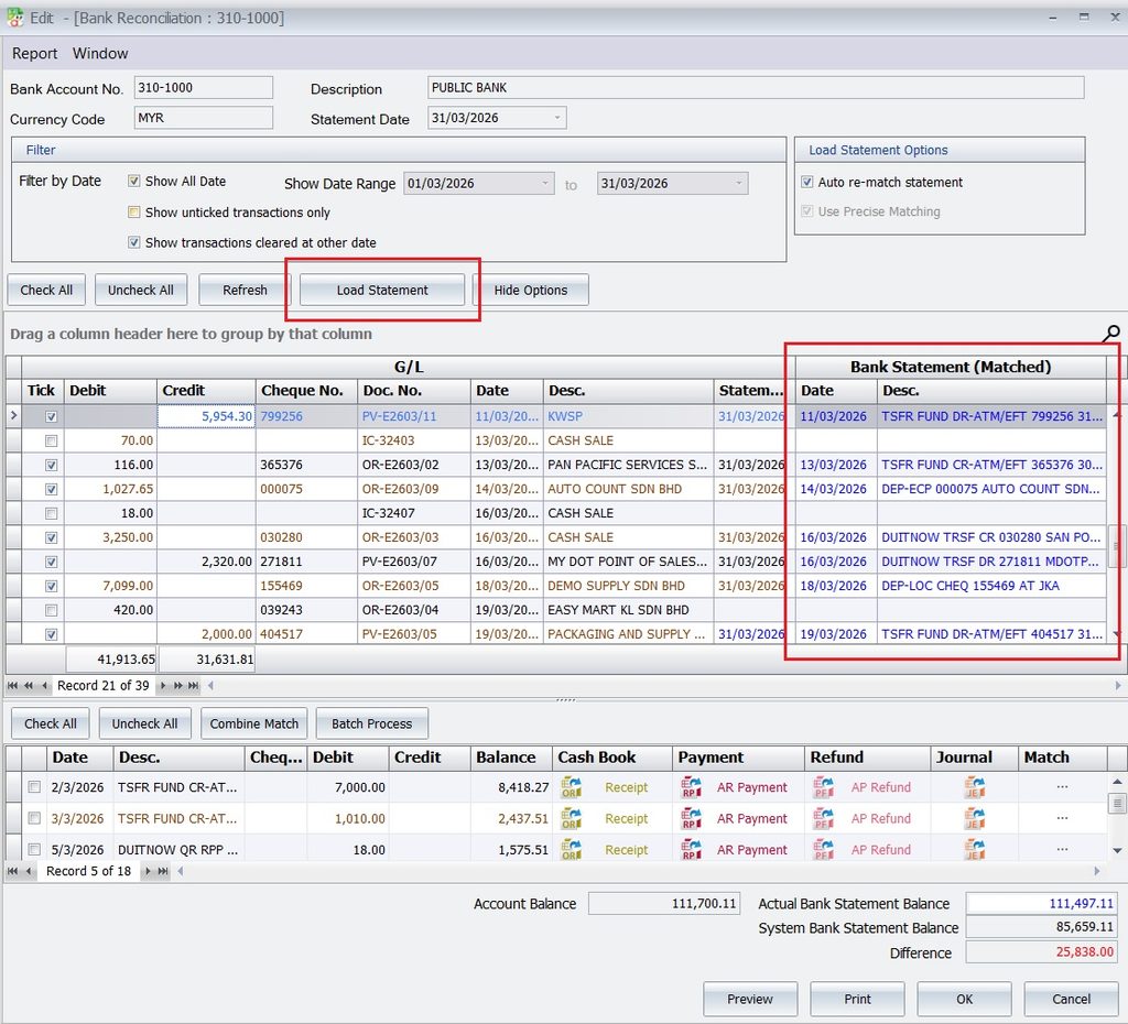 AutoCount Auto Bank Reconciliation matched transactions screen
